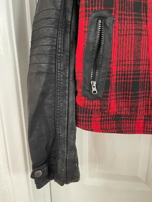 Red & Black Plaid Moto Jacket With Faux Leather Sleeves thumbnail 2