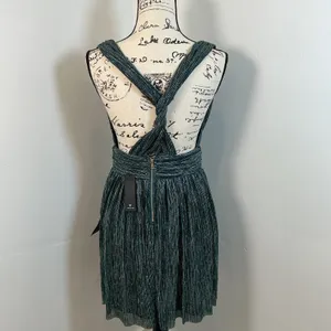 NWT Lulus Ailey Gold and Teal Blue Skater Dess V Neck Sleeveless Party Cocktail‎ thumbnail 6