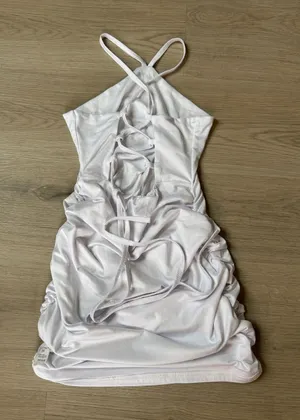 Ruched Halter Mini Dress with ruched sides and open back in White thumbnail 1