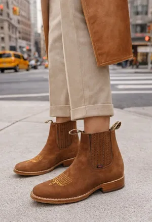 Besserro‎ Brown Suede Chelsea Ankle Boots Western Embroidered Leather 21 MEX thumbnail 1