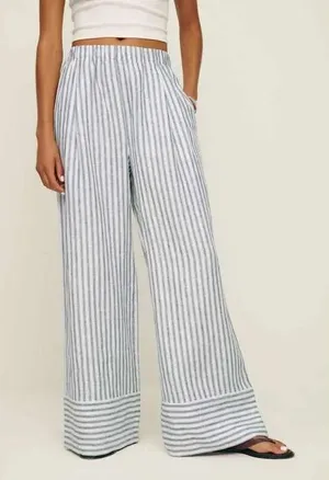 Reformation Vania Pants Blue White Striped Linen Wide Leg Elastic Waist M thumbnail 1