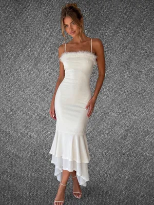 SHEIN White Feather Trim Mermaid Midi Dress XS Spaghetti Strap Party Dress thumbnail 3