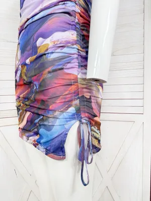 Y2k Mint Vanilla Printed Mesh Cinch Side Strapless Bodycon Mini Dress‎ Blue 8 thumbnail 7