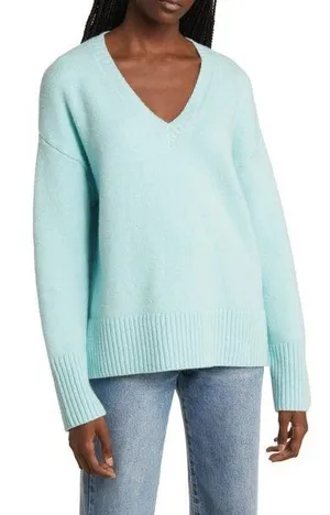 NWT treasure and bond turquoise High/Low V-Neck Sweater. Size Medium thumbnail 1