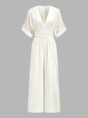 Commense Off White Tencel Ruched Waist Wide Leg Jumpsuit M NWT thumbnail 2
