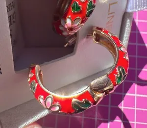 Pink linen round hoop clip earring gold tone red flower loop LEAD SAFE gift box🎁 thumbnail 4