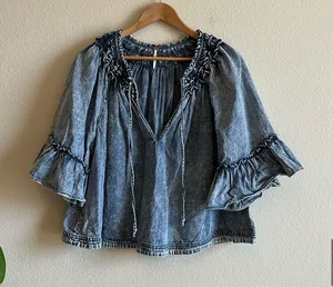 Free People Washed Denim Smocked Top thumbnail 1