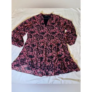 EXPRESS XL Black Mini Dress Black Rose Pink Floral Print Chiffon Flowy Flirty thumbnail 6
