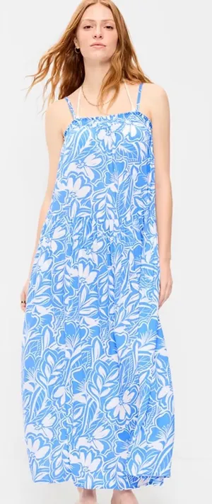 Old Navy Women Blue White Floral Tropical Smocked Tiered Maxi Dress Large thumbnail 1