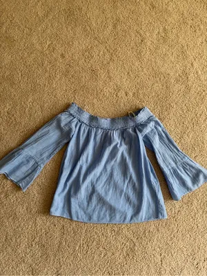 Lilly Pulitzer preppy summer blue pinstripes bell sleeve off the shoulder top xs thumbnail 2
