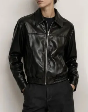 ZARA Faux Leather Bomber Jacket Black X-Small thumbnail 1