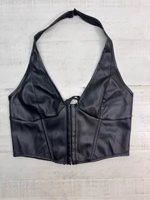PU Leather Crop Top Women's Hook Eye Backless Halterneck NWOT size Xlarge thumbnail 6