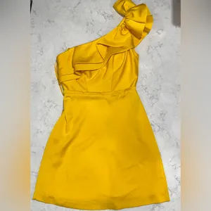 NWT‎ leena For Mac Duggal #55286 Ruffle One-Shoulder Mini Dress Lemon Sz 2 $278 thumbnail 8