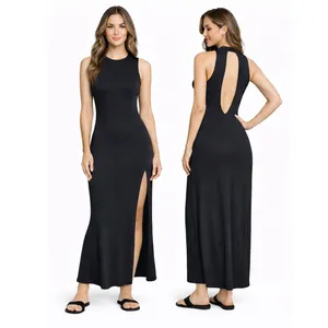 Hearts Black Sleeveless Mock‎ Neck Side Slit Maxi Dress Size Large thumbnail 2