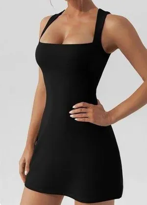 Qinsen Square Neck Stretch Flare Mini Dress Size 4 New With Tag thumbnail 1