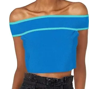 BCBG MAXAZRIA Top Womens XL Blue‎ Off The Shoulder Cropped Stretch Knit New NWT thumbnail 1
