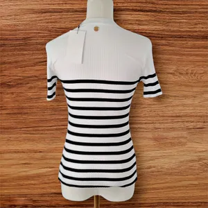 Zara Ribbed Knit Jersey T-shirt w/ Stripes & Brooch Short Sleeve MEDIUM thumbnail 3