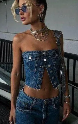 ZARA crop top corset denim jeans button up thumbnail 1
