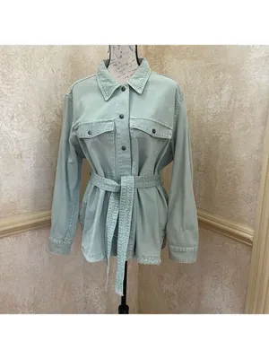Zara denim belted cotton jean jacket sage green Sz XL thumbnail 5