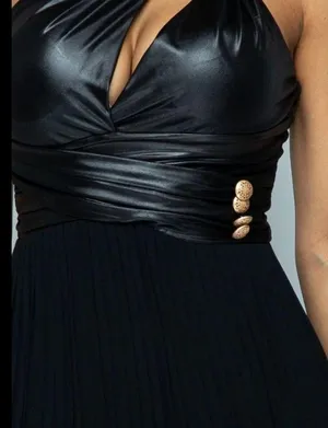 Pleated Maxi dress one shoulder. Faux leather. (S) thumbnail 5