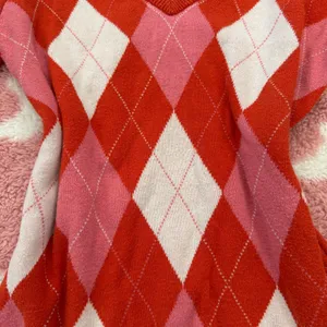 Forever 21 Vintage Y2K Coquette Pinterest Girl Sweater 💌 Orange Pink Argyle Knit Small thumbnail 2