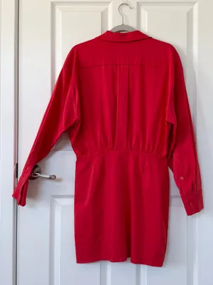 Zara Red Poplin Mini Shirt Dress with Long Sleeves NWT thumbnail 4