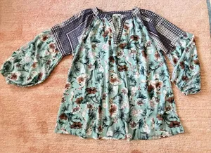 Jodifl L Mint Floral Boho Peasant Blouse Rayon Balloon Sleeve V Neck Tunic Top thumbnail 1