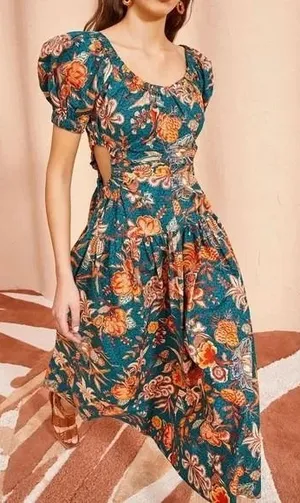 Ulla Johnson Golda Orange Floral-Print Cut-Out Cotton-Poplin Midi Dress‎ thumbnail 1