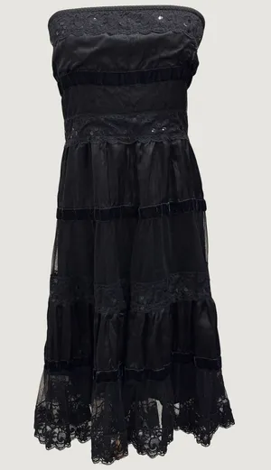Y2K Two of Us Black Strapless Lace Velvet Tiered Midi Dress Fairy Whimsigoth L thumbnail 1