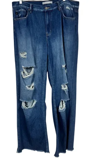 Kancan Blue Wide Leg Distressed High Rise Jeans Womens 31 Denim Classic Raw Hem thumbnail 1