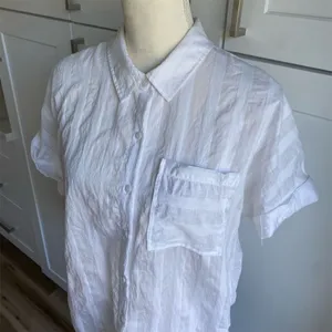 Tribal Women's M White Striped Button-Up Shirt Short Sleeve thumbnail 2