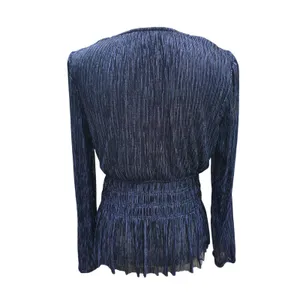 White House Black Market Navy Blue Metallic‎ Pleated Smocked Peplum Blouse Small thumbnail 5