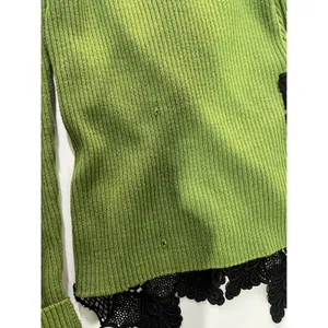 Melony New York Green Ribbed Knit Top -‎ Lace Trim - Flawed/TLC Fine Merino Wool thumbnail 5