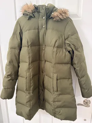 Merona Olive Green Puffer Coat with Faux Fur Trim Hood thumbnail 1