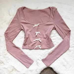 Dazy Pink dainty bow long sleeve ribbed top thumbnail 2