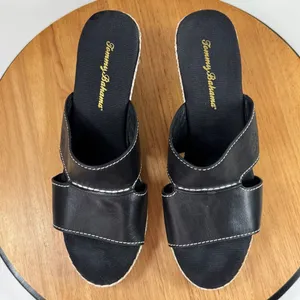 Tommy Bahama Kamala Wedge‎ Heel Leather Slide Sandals Black White 9 thumbnail 4
