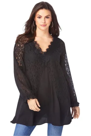 Roman’s Black Lace V-Neck Long-Sleeve Women's Blouse thumbnail 1