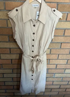 NWT Calvin Klein Women's Tan Belted Fitted Button Front Cap Sleeve Dress Size 10 thumbnail 1