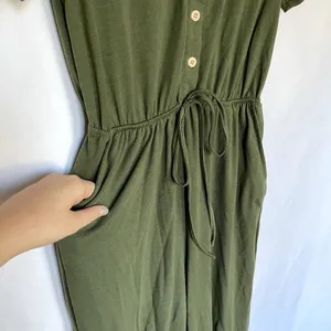 olive green button front drawstring waist jumpsuit‎ pockets women's size small thumbnail 3