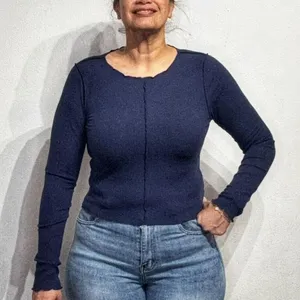 Aerie Navy Ribbed Cropped Long Sleeve Top Sz M thumbnail 1