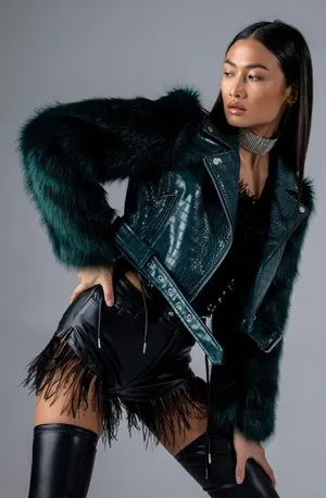 AZALEA WANG Nolla Faux Fur Arms Croc Moto Jacket Jade Green Vegan Leather Medium thumbnail 1