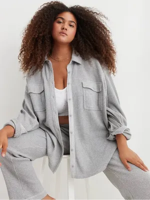 Aerie Medium Heather Gray LumberJane Waffle Shirt Oversized Shacket Size XS thumbnail 1