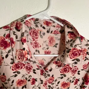 Women's‎ Button Down Shirt Dress Light Pink Rose Floral Belted Long Sleeve Roll thumbnail 8