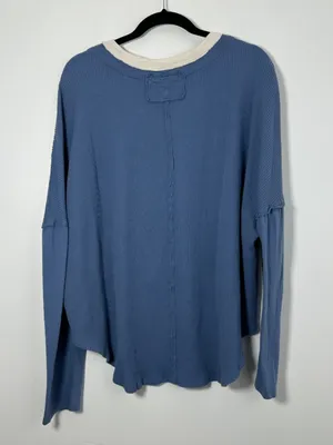 Free People We The Free Waffle Knit High Low Blue Long Sleeve Crop Top Size L thumbnail 3