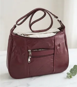 Burgundy Patchwork Leather Multi Pocket Crossbody Shoulder Bag Wine‎ Red thumbnail 1