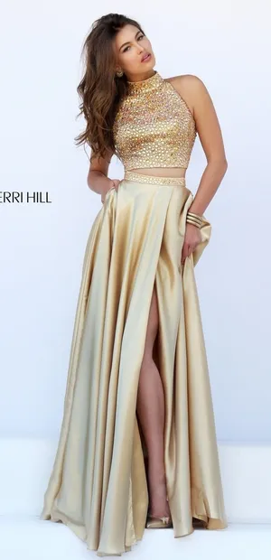 NWT Sherri Hill Gold Two Piece Halter High Slit Gown Dress Size‎ 8 Prom Formal thumbnail 1