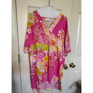 Natori Pink Floral Rayon Caftan Sleeve V-Neck Medium thumbnail 2