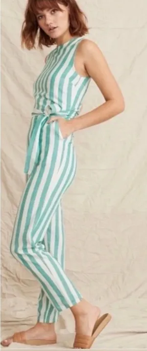 Marine Layer Eloise Belted Jumpsuit Green Stripes thumbnail 1