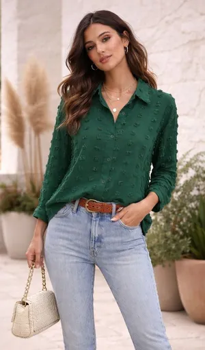 Forest Green sheer button down long sleeve blouse with textured dots thumbnail 1