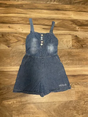 GUESS Girls' Denim Button-Front Romper - Dark Blue Size Large Jumpsuit thumbnail 2